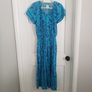 Destination 365 Womens‎ Maxi Dress SM Flutter Sleeves Tie Neck CottageCore Blue